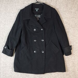 Ulla Popken Pea Coat 12-14 Womens Wool Blend Black Double Breasted Button Lined